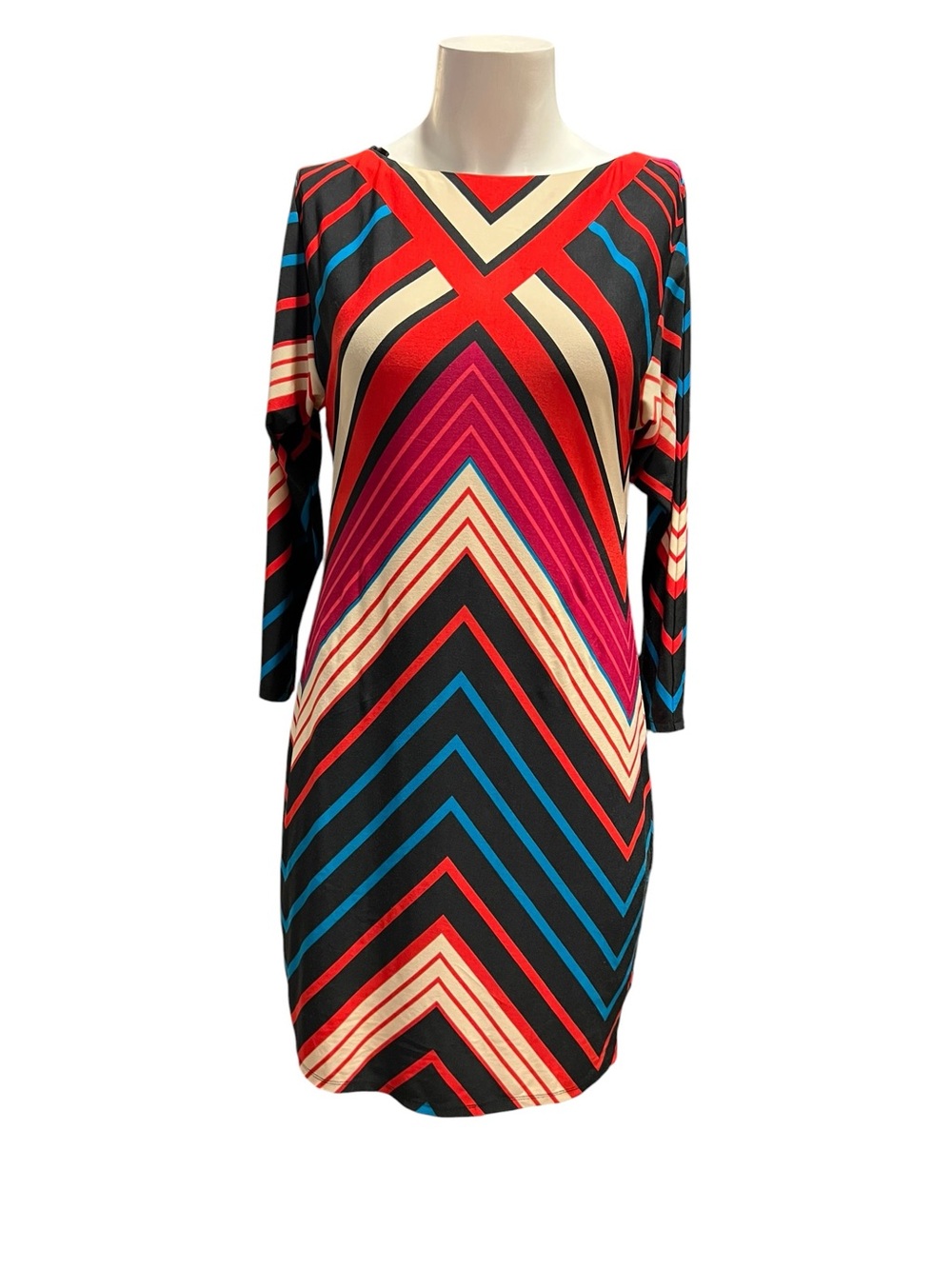 Trina Turk Chevron-Striped Long Sleeve Dress in Red, Black, Blue & Cream